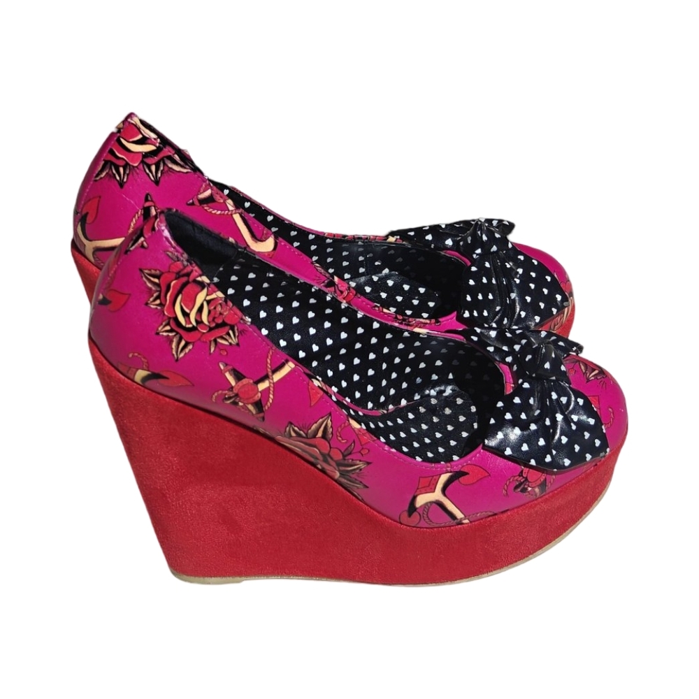 Iron Fist Vintage Vibrant Pink and Red Floral Wedges with Peep-Toe